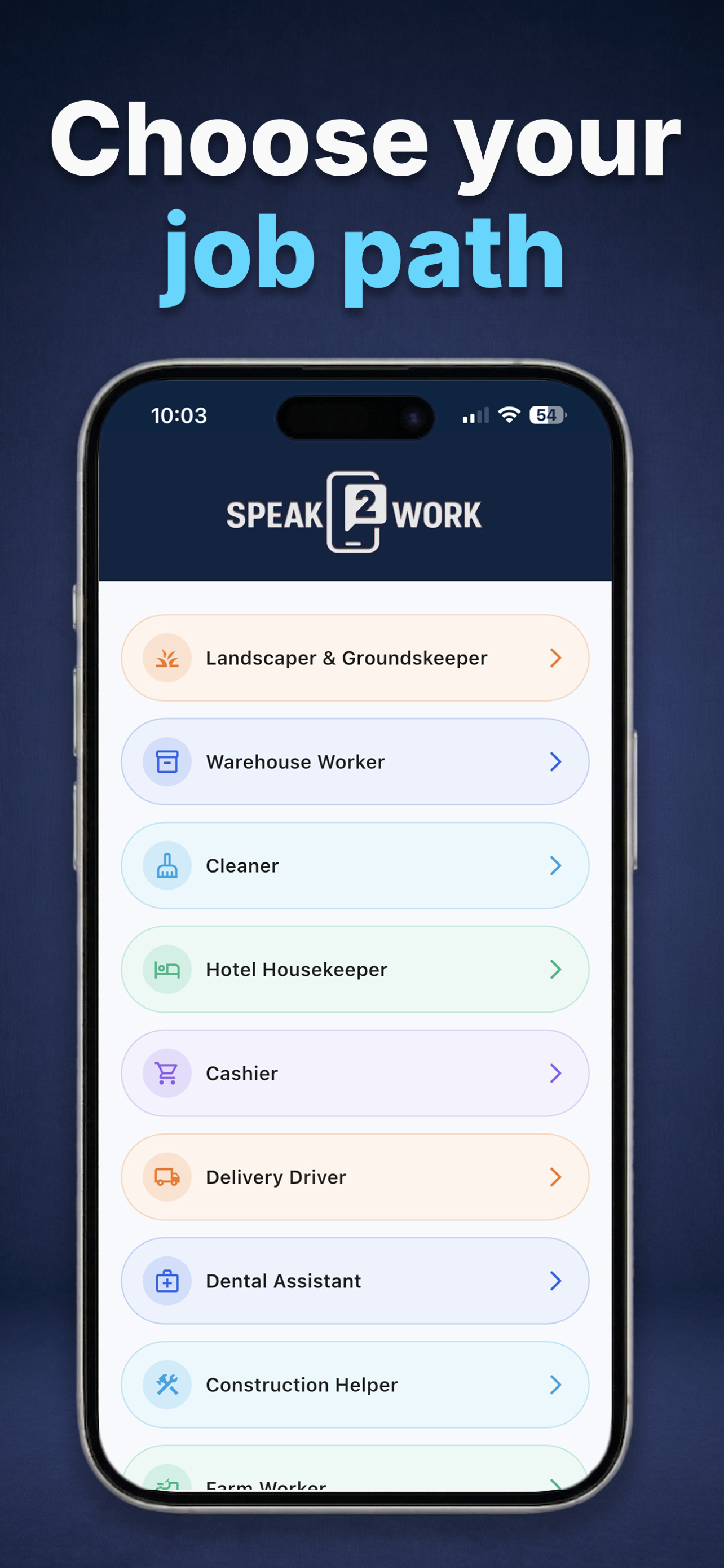 Speak2Work lesson entry and guided practice screen.