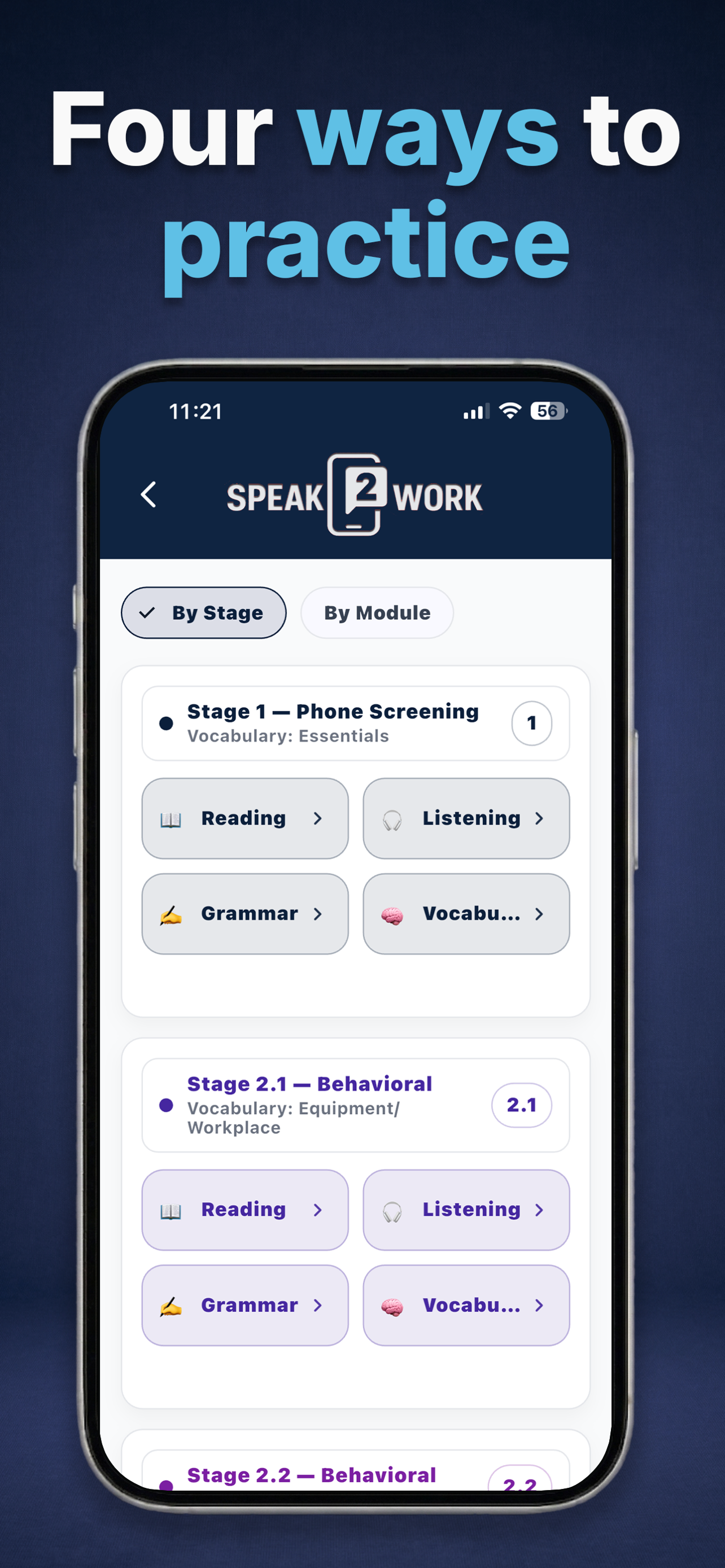 Speak2Work screen showing job interview English content and structured practice inside the app.