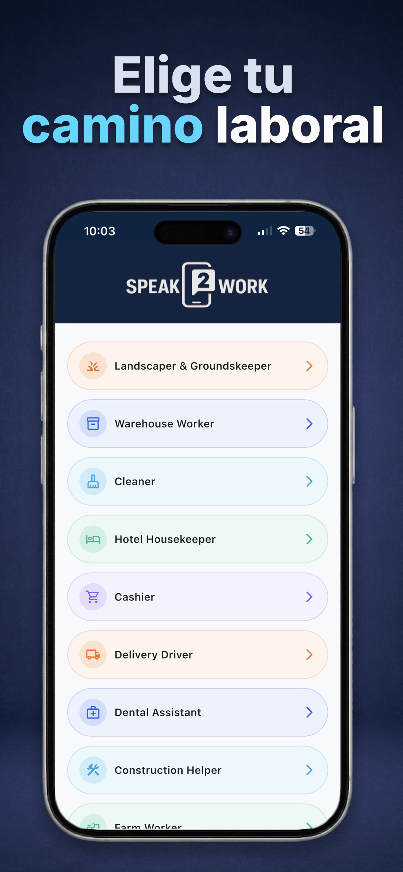 Spanish-localized Speak2Work lesson and practical training screen.